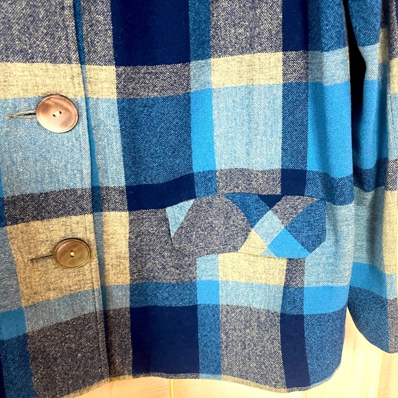 Vintage 50s Pendleton Classic Blue Tan Plaid 100% Wool Button Jacket Sz L - Picture 5 of 6